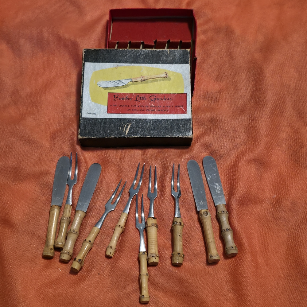 4/$25 Deal! Vintage Bamboo Handle Cocktail Server Fork and Knife Set - Small